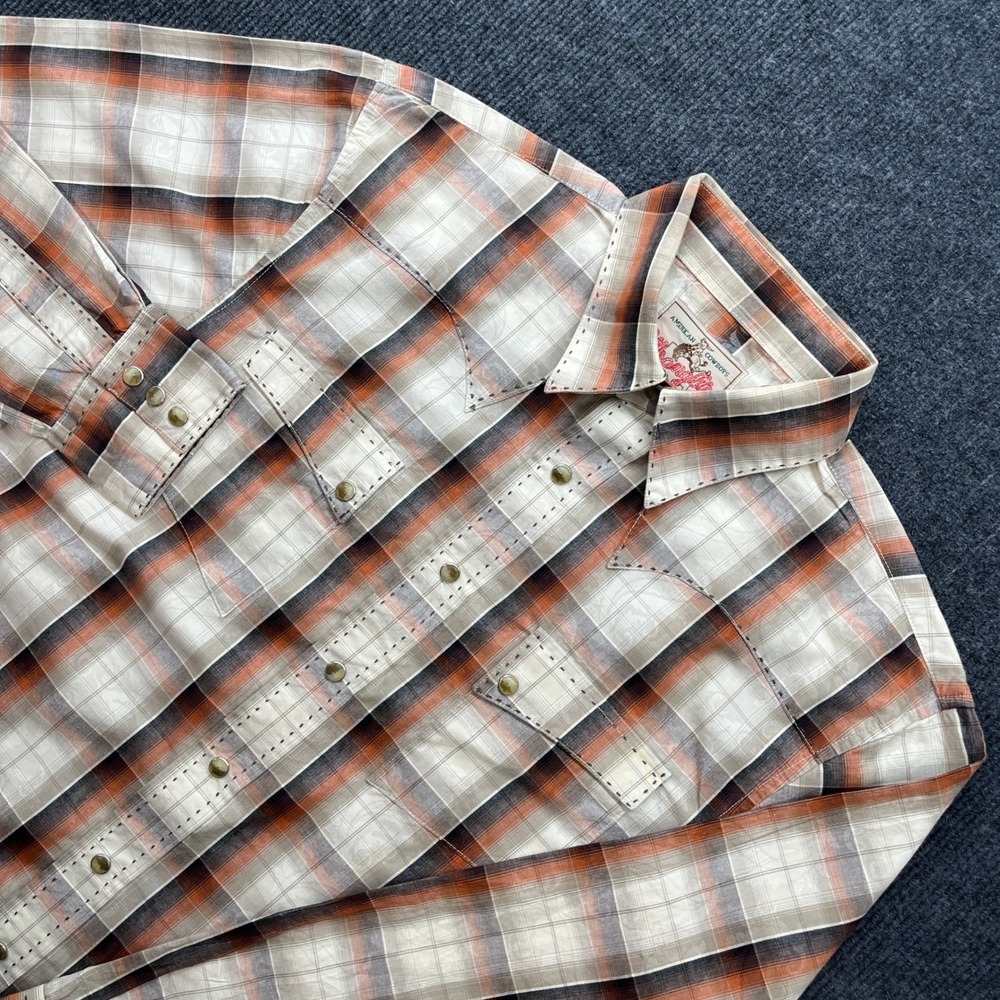 Wrangler Western Pearl Snap‎ Shirt Orange Plaid Paisley Y2K Cowboy Mens Medium
